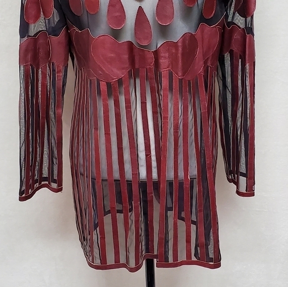 VINTAGE Stillman Studio Cognac Lamb Leather Teardrop Stripe Mesh Mini Dress Med - Picture 11 of 13